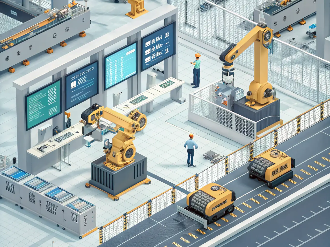 A digital illustration of a manufacturing plant with automated processes and robotic arms, symbolizing increased production efficiency.