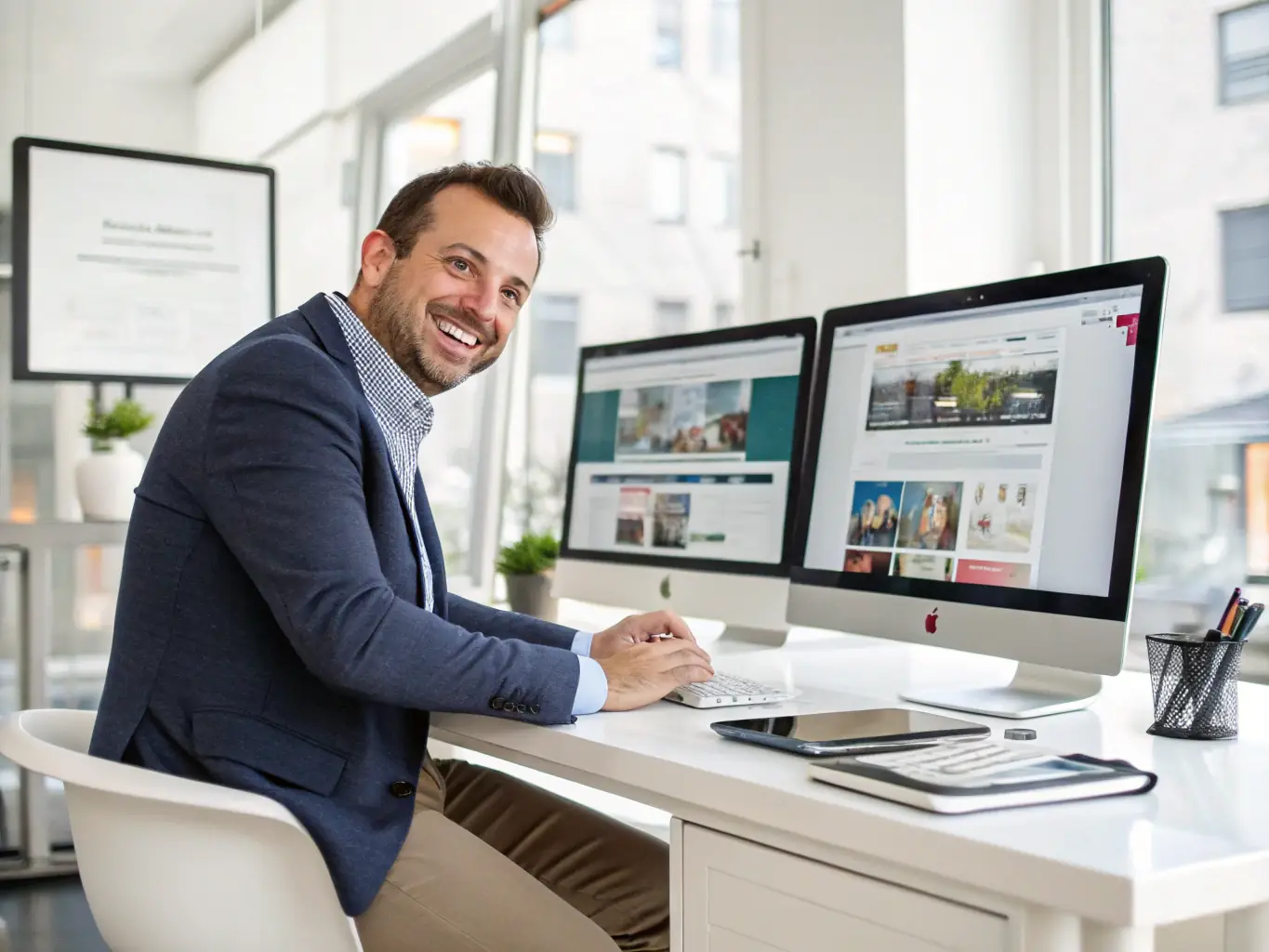 An image depicting a successful SME owner smiling confidently while reviewing automated reports on a tablet, symbolizing the ease and efficiency Synapta brings to their business.
