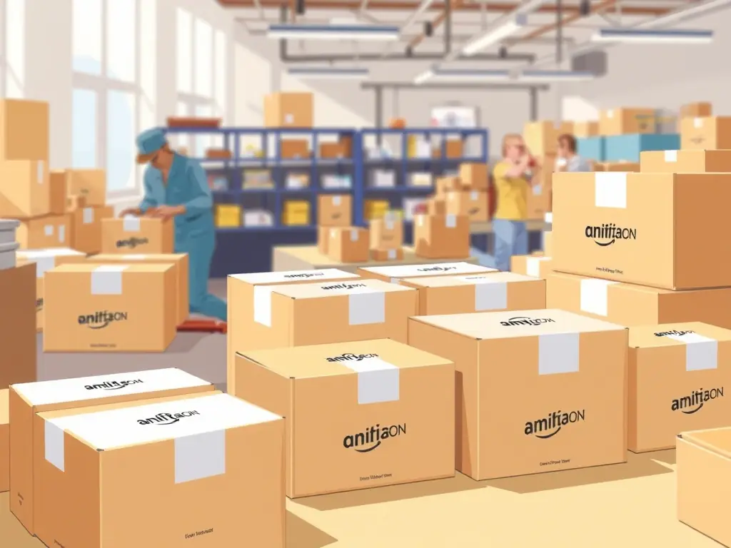 A digital illustration depicting a robotic arm assisting a small business owner with inventory management, symbolizing streamlined operations.