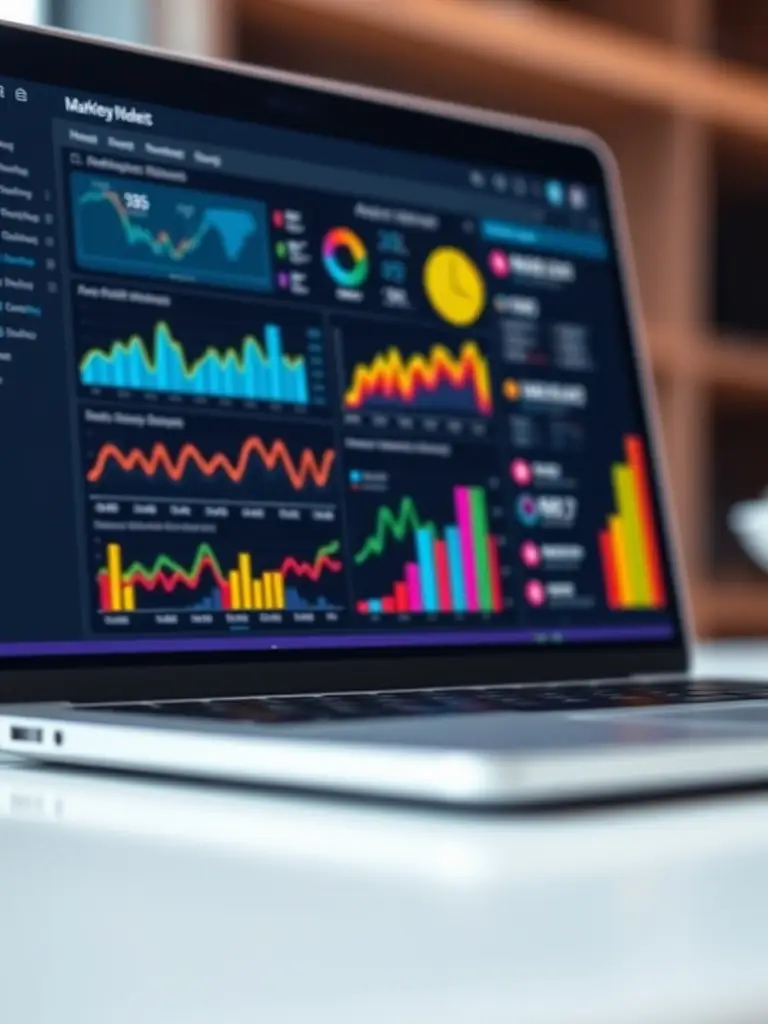 A close-up shot of a digital dashboard displaying real-time data analytics, showcasing improved efficiency and data-driven decision-making for a small business using Synapta's automation services.